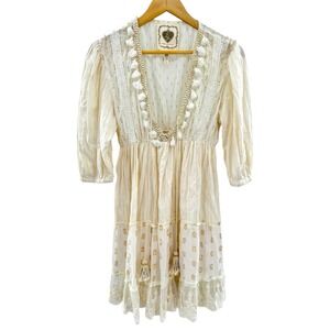 Z&L EUROPE‎ Tassels Lace Trim Tiered Airy-Cotton Mini Dress in Ivory-Gold Size S